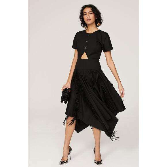 Bibhu‎ Mohapatra Cutout Fringe Dress Black Button Short Sleeve Western Sz 4 - Picture 1 of 13
